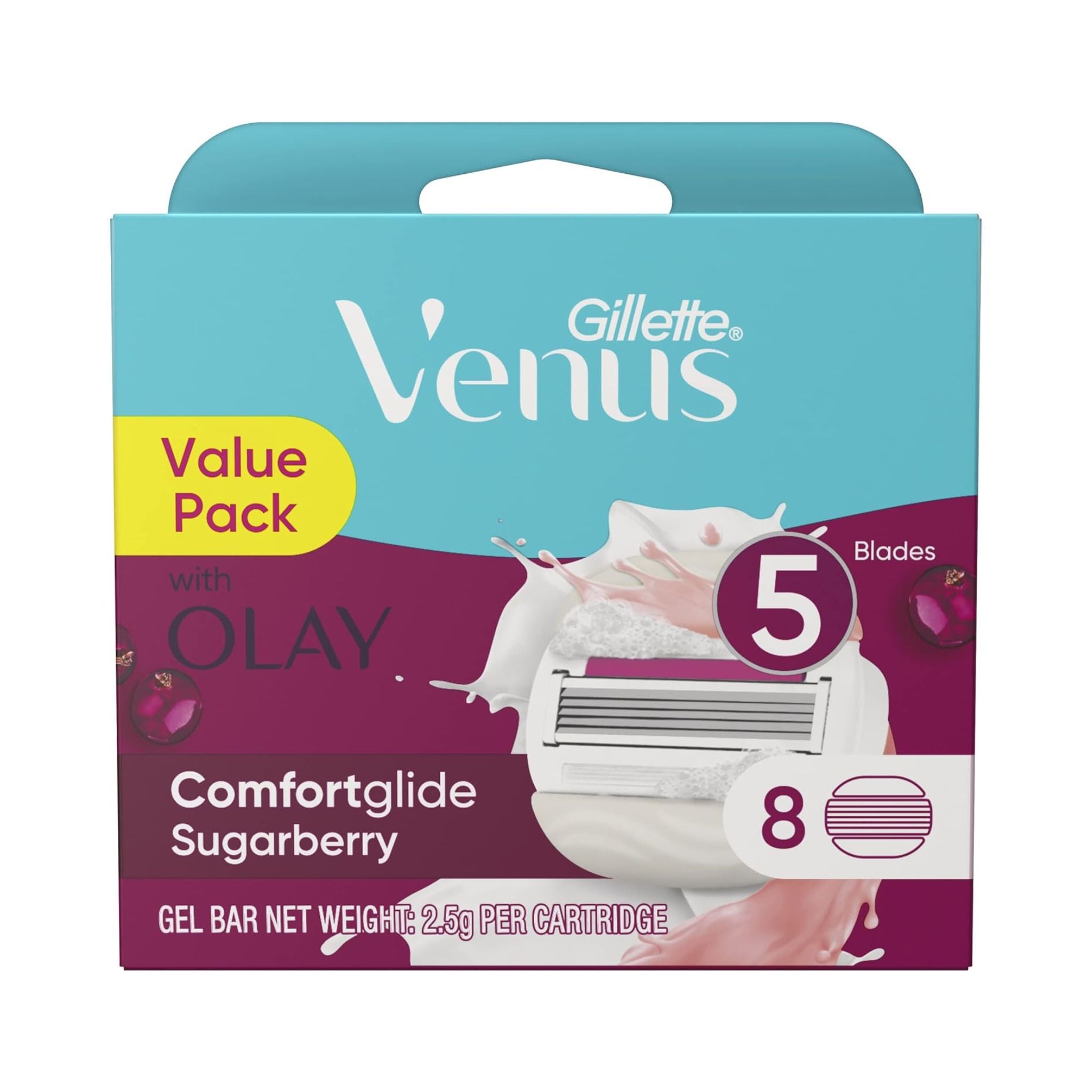 Front packaging of Gillette Venus ComfortGlide Sugarberry Razor Refills