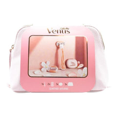 Gillette Venus ComfortGlide White Tea Razor Gift Set packaging, featuring a pink and white color scheme with an image of the razor handle and blade refills, accompanied by a razor cap and pouch, all displayed in a clear window.
