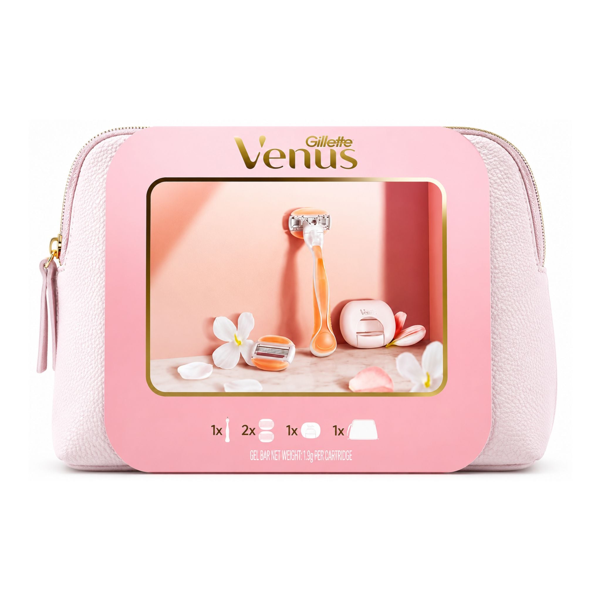 Pink Gillette Venus grooming kit on a white background