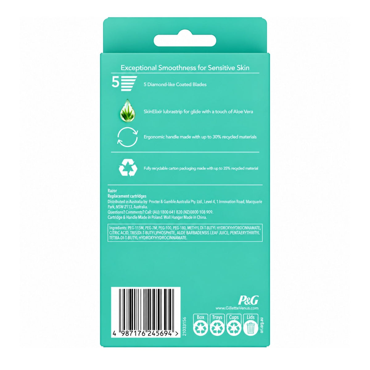 The back of a teal P&G retail carton for sensitive skin coated blades, showing product text, a barcode, recycling icons, and a small P&G logo.