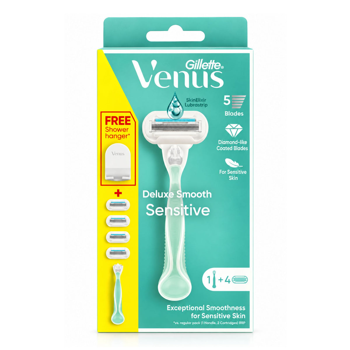 Gillette Venus Deluxe Smooth Sensitive 5-blade razor in its original retail packaging, featuring a mint green and yellow box with a clear window showing the razor inside.