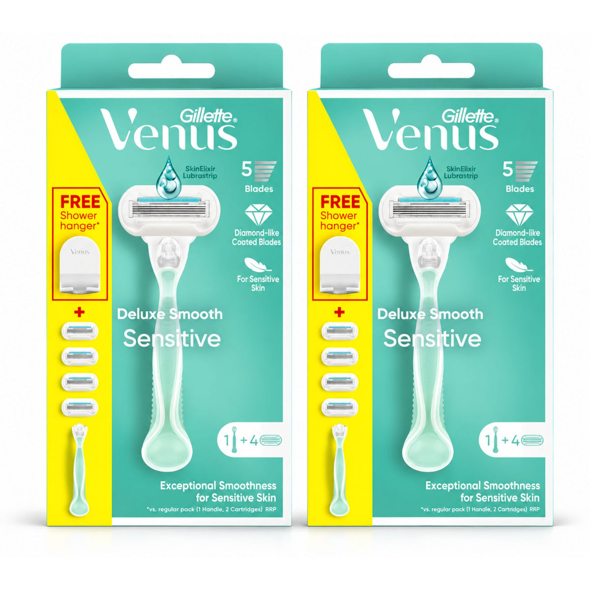 Two Gillette Venus Deluxe Smooth Sensitive disposable razors in their retail packaging, shown side-by-side on a plain white background.
