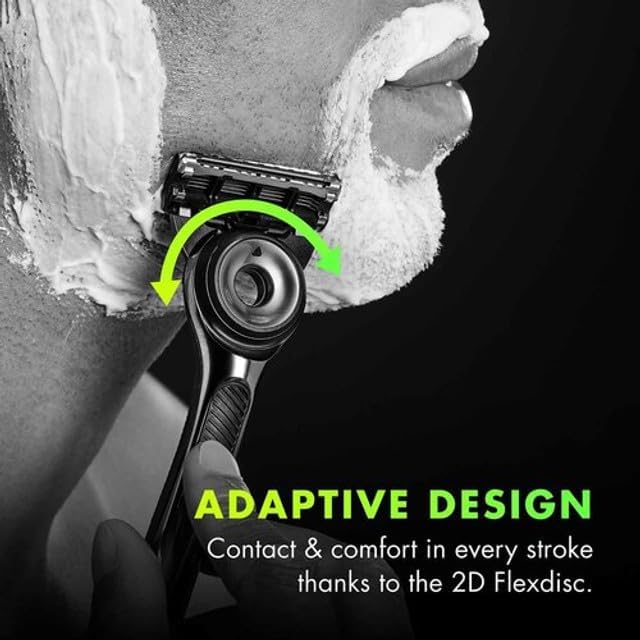 Demonstration of GilletteLabs razor adaptive design contouring to face for close, comfortable shave.