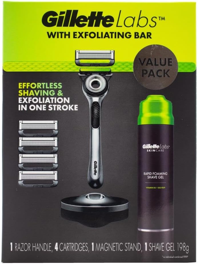 Packaging for Gillette Labs with Exfoliating Bar, featuring the razor handle, four cartridges, magnetic stand, and shaving gel.