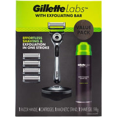 Front view of GilletteLabs Exfoliating Razor Kit with magnetic stand, 4 blade refills and shave gel value pack