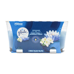 Glade candle package with blue and white design on a white background