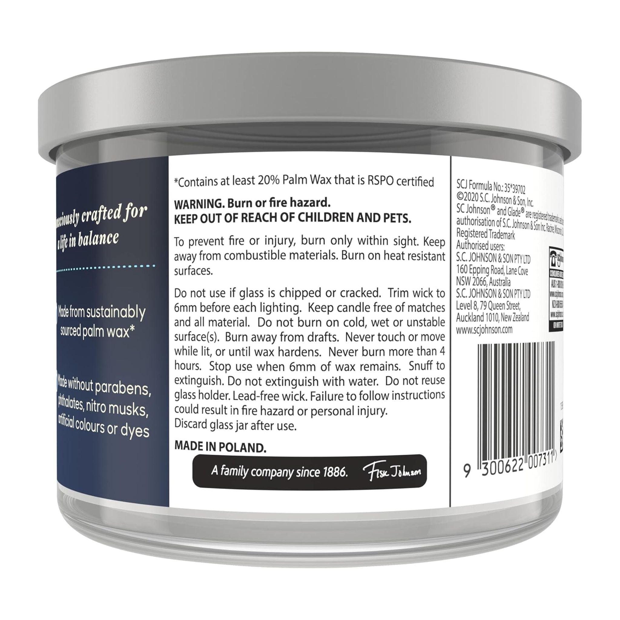 Candle jar label with text and branding on a white background