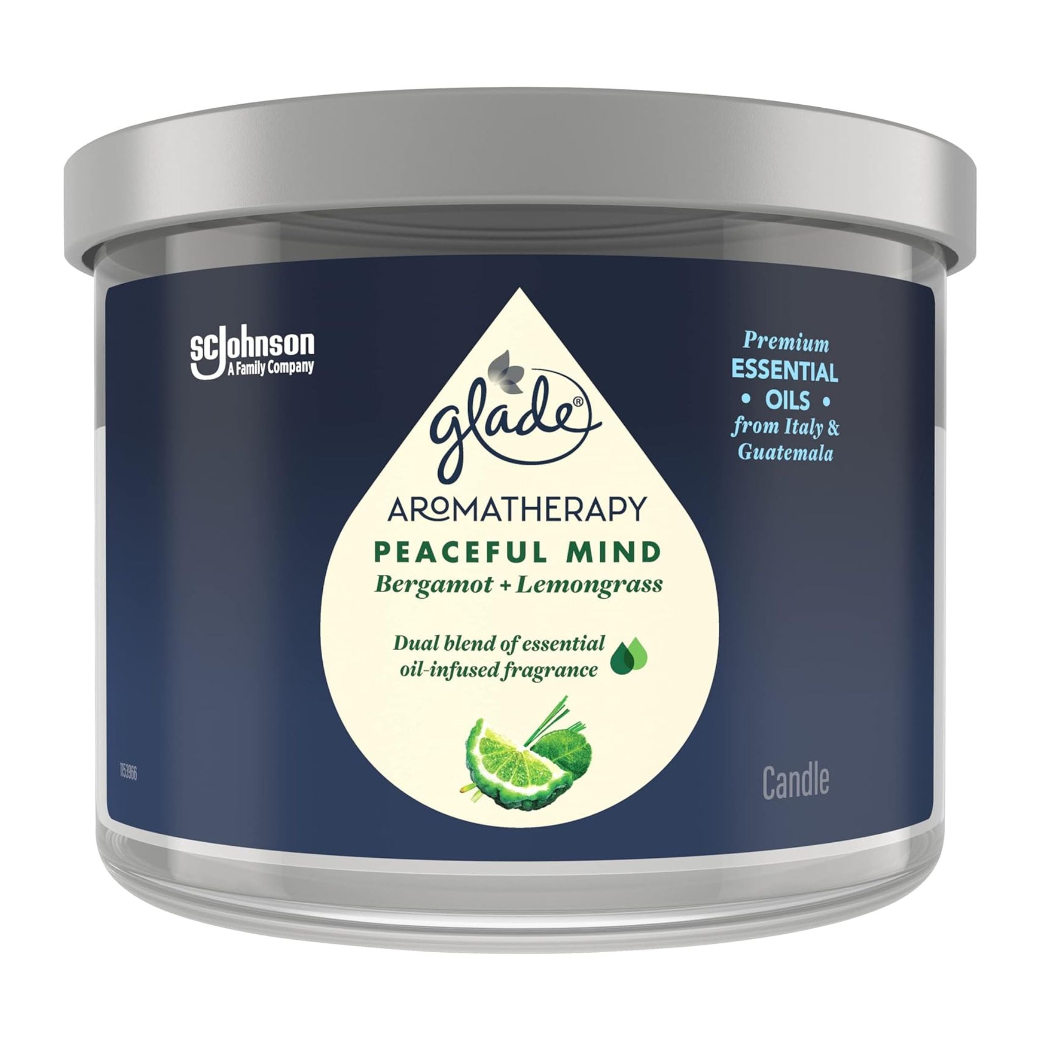 Glade Aromatherapy Peaceful Mind candle with blue label and silver lid on a white background