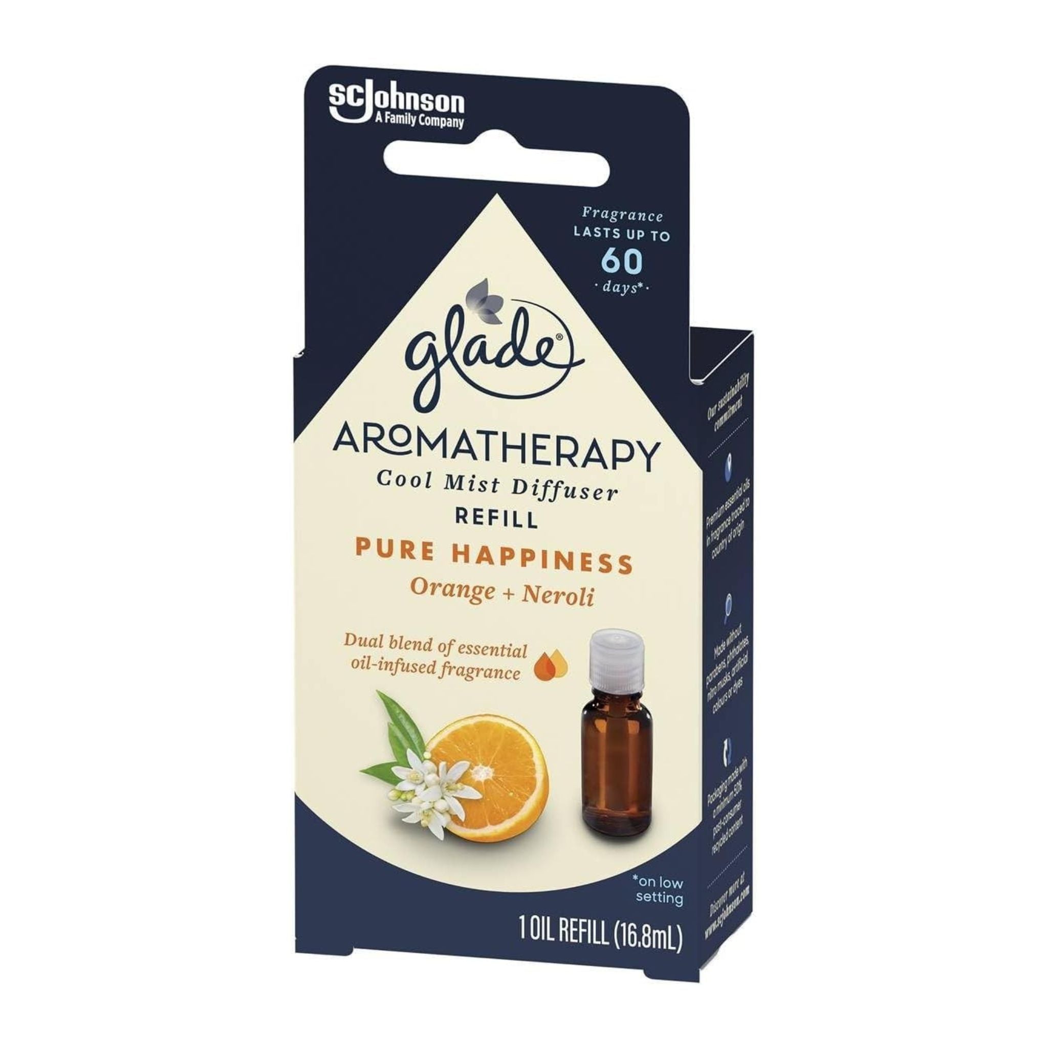 Glade Aromatherapy Cool Mist Diffuser refill packaging with orange and neroli imagery on a white background.