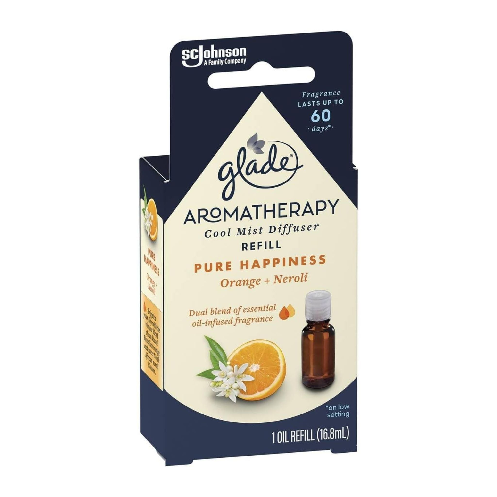 Glade Aromatherapy Cool Mist Diffuser refill packaging with orange and neroli imagery on a white background.