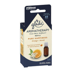 Glade Aromatherapy Cool Mist Diffuser refill packaging with orange and neroli imagery on a white background.