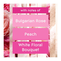 Product label with notes of Bulgarian Rose, Peach, and White Floral Bouquet against a floral background.
