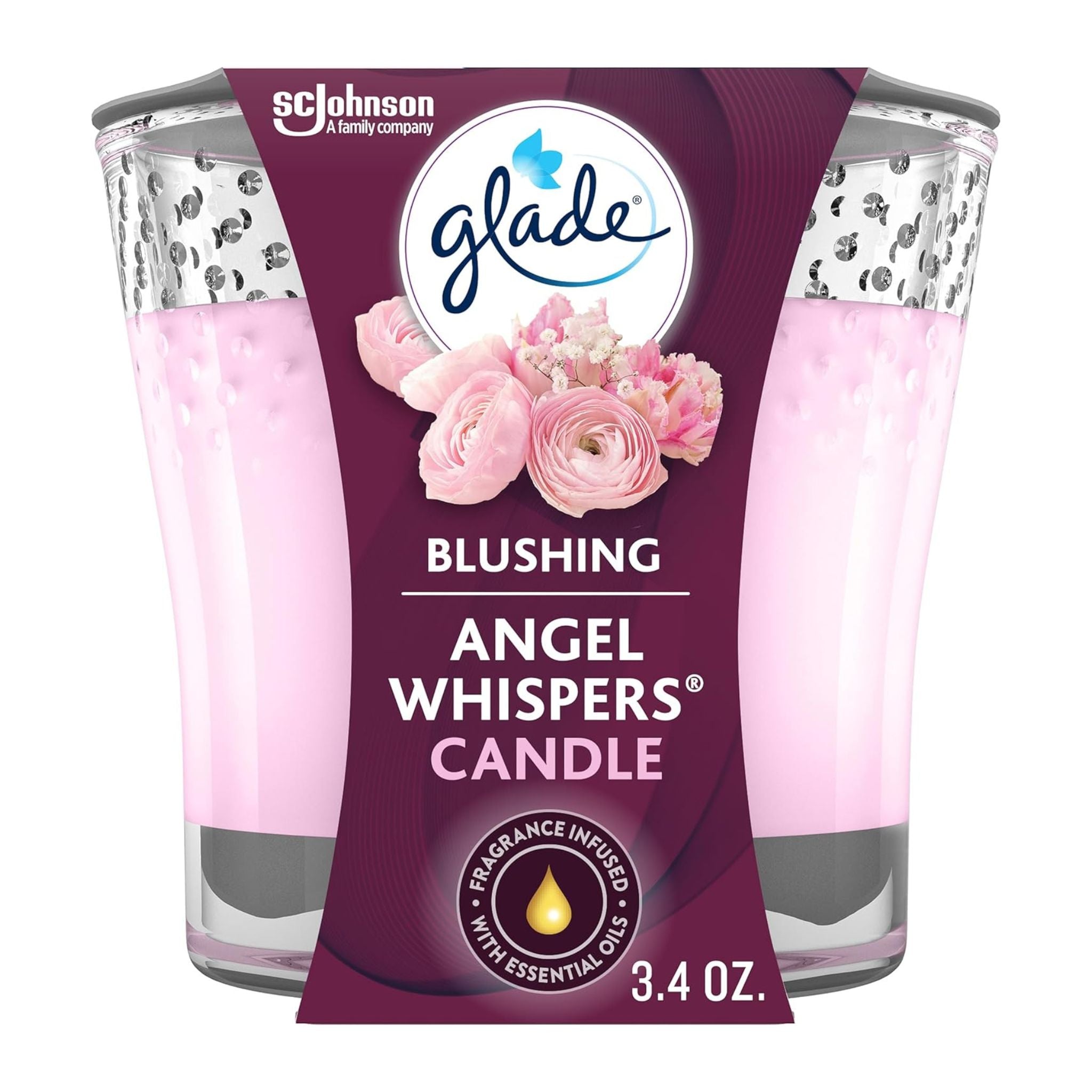 Glade Blushing Angel Whispers candle packaging with floral design on a white background