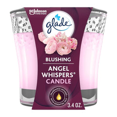 Glade Blushing Angel Whispers candle packaging with floral design on a white background