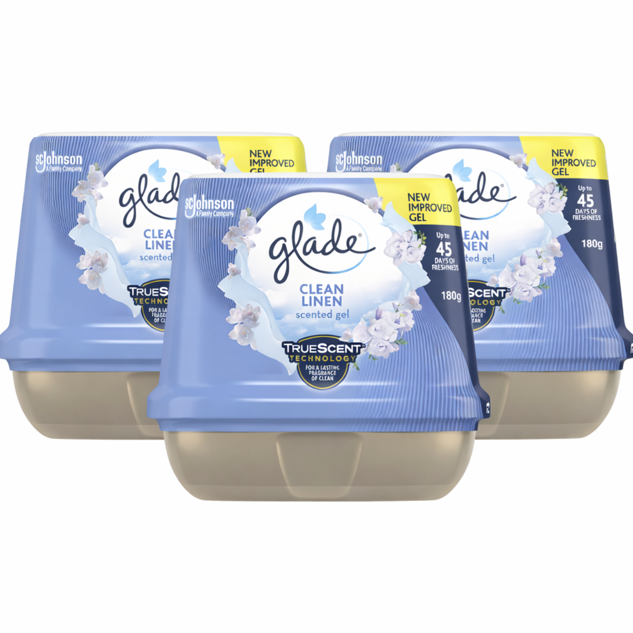 Three containers of Glade Clean Linen scented gel on a white background