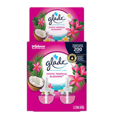 Glade Exotic Tropical Blossoms electric scented oil refills packaging on a white background