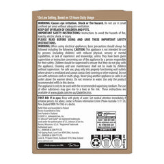 Back of a product packaging with text and warning labels on a white background