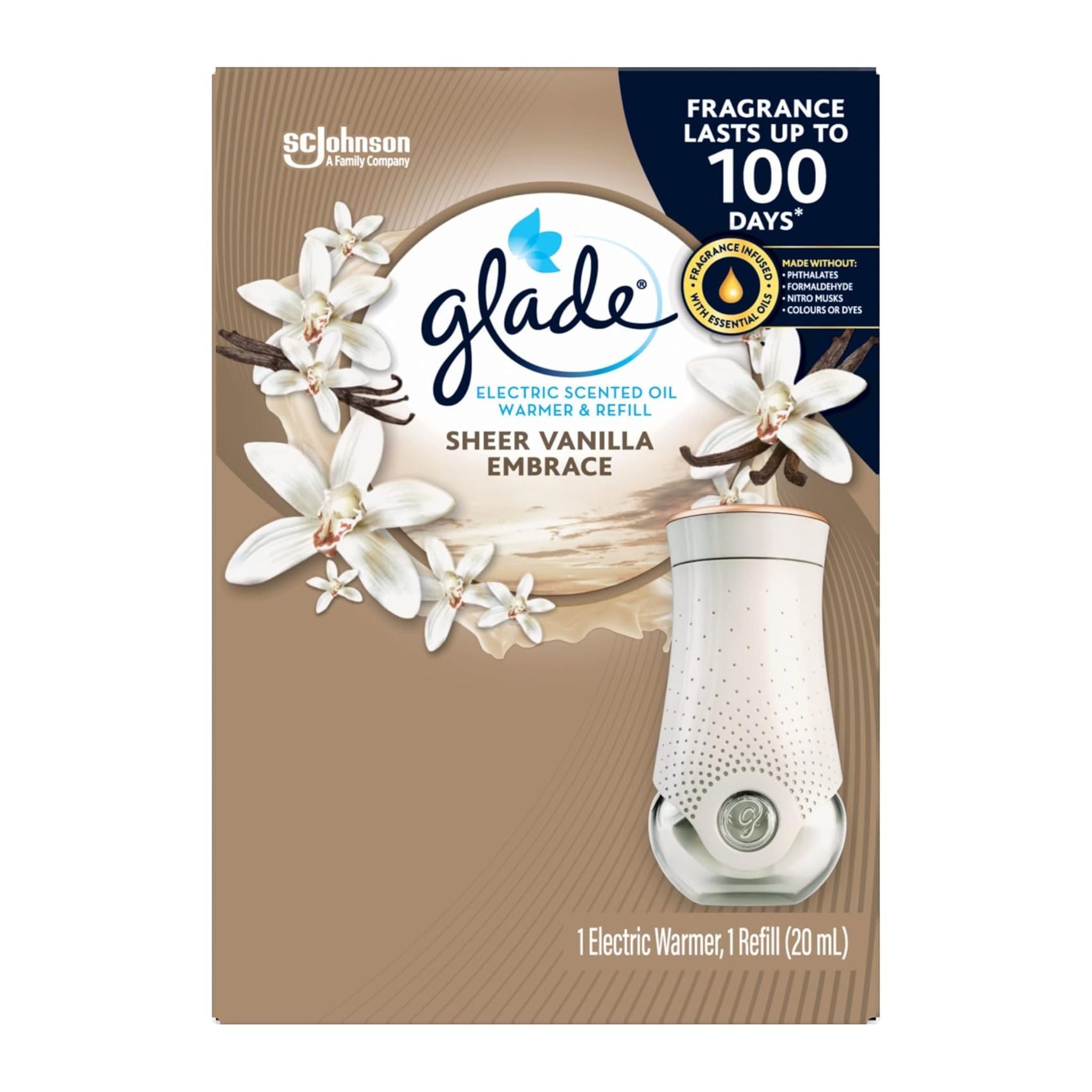 Glade electric scented oil warmer and refill packaging with vanilla flowers on a brown background