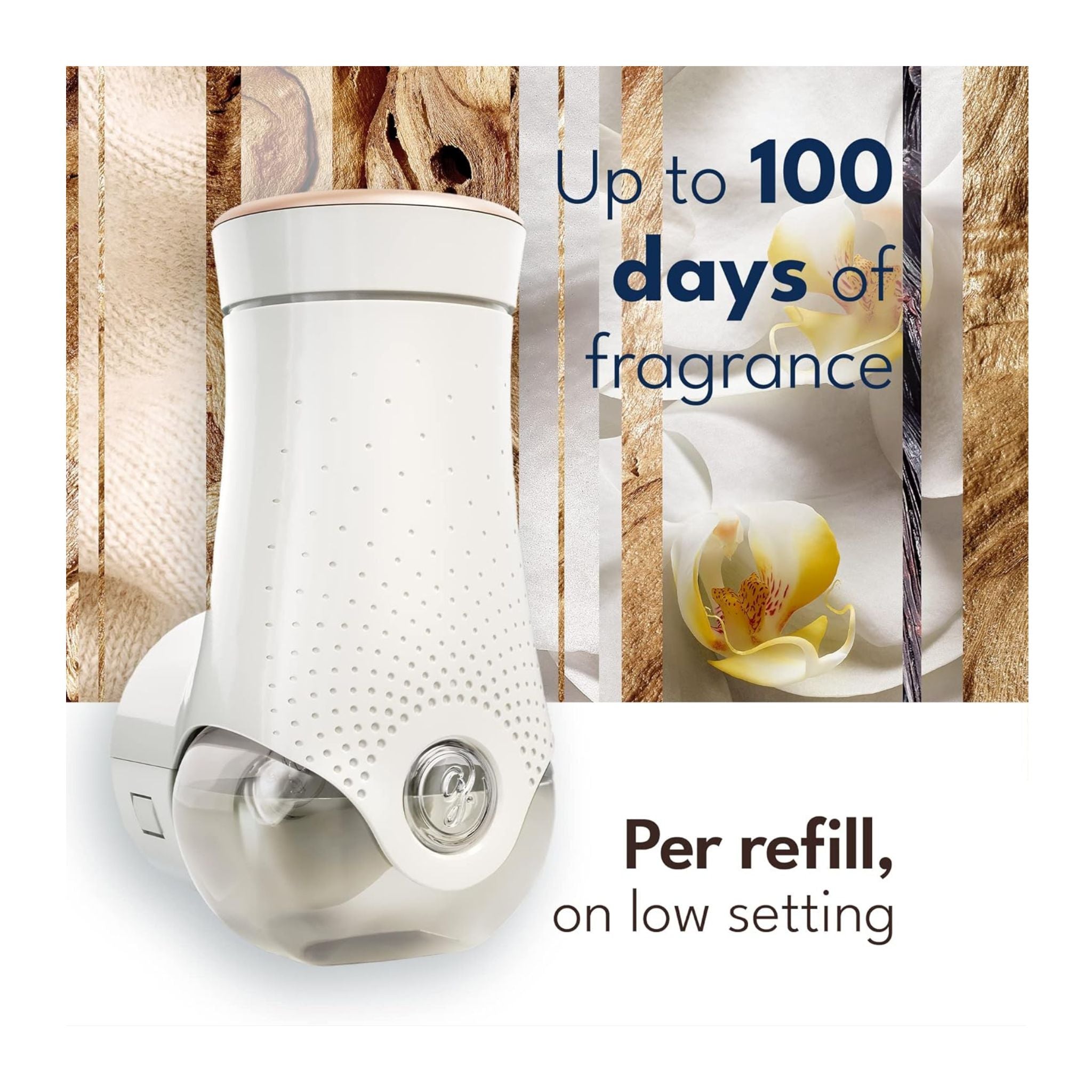 White electronic device with text about fragrance duration on a wooden background