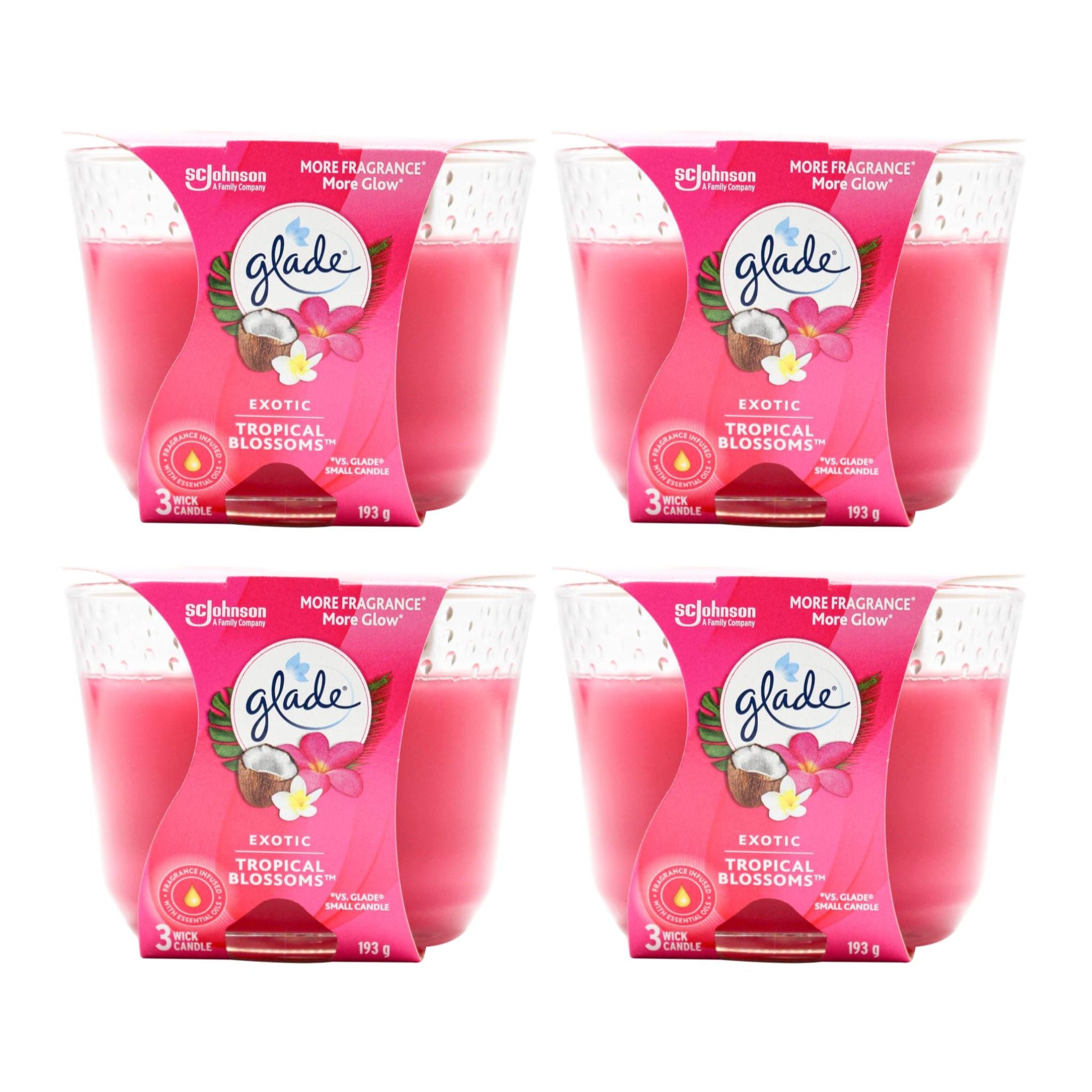 Four packages of Glade Exotic Tropical Blossoms air fresheners on a white background