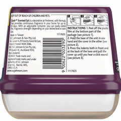 Back of a scented gel container with instructions and branding details.