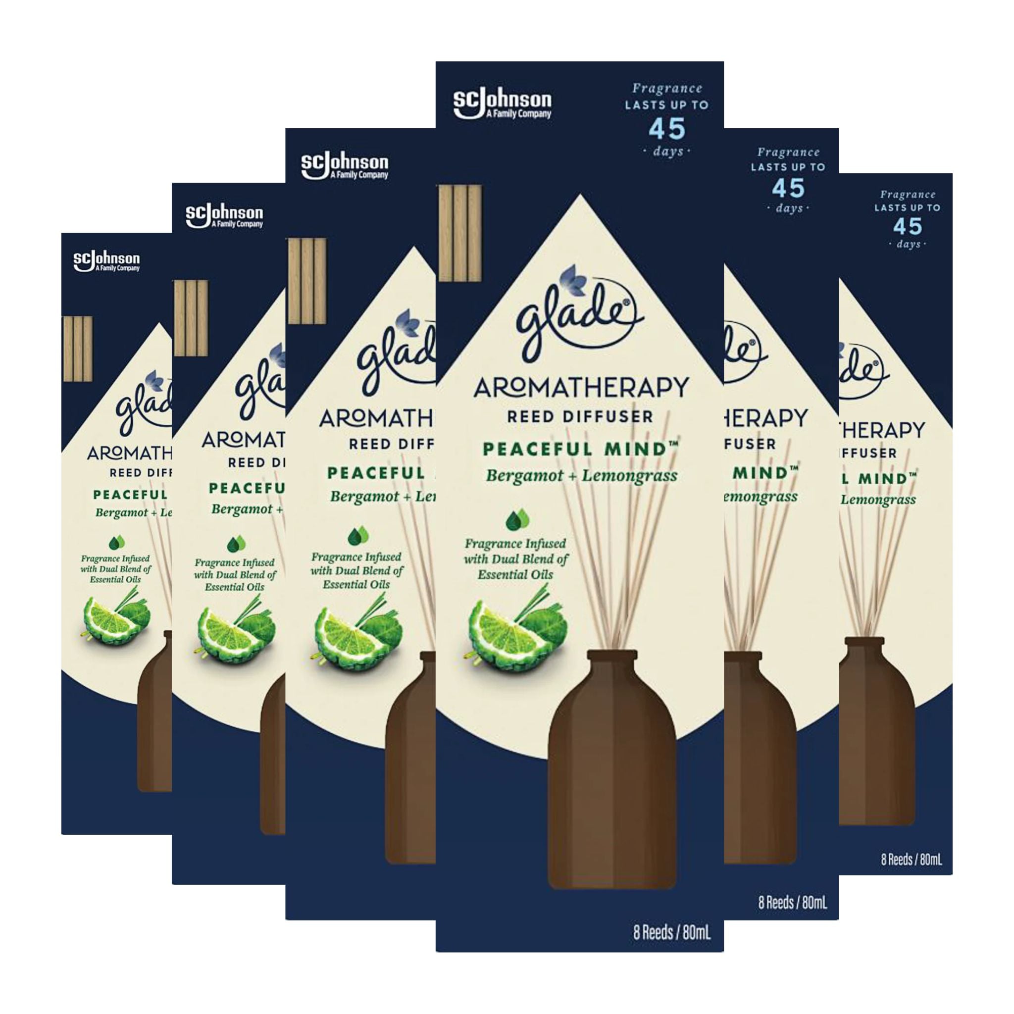 Multiple packages of Glade Aromatherapy Reed Diffuser 'Peaceful Mind' on a white background