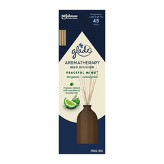 Glade Aromatherapy Reed Diffuser packaging with bergamot and lemongrass on a white background
