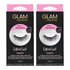 Two packages of Glam by Manicare lift and curl eyelashes on a white background