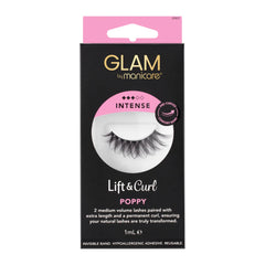 Manicure eyelash packaging with 'Glam' branding on a white background