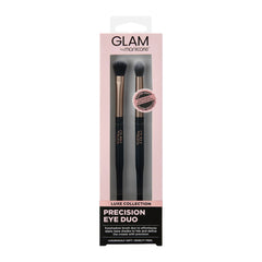 Packaged set of Glam by Manicare Precision Eye Duo brushes with pink and black design.