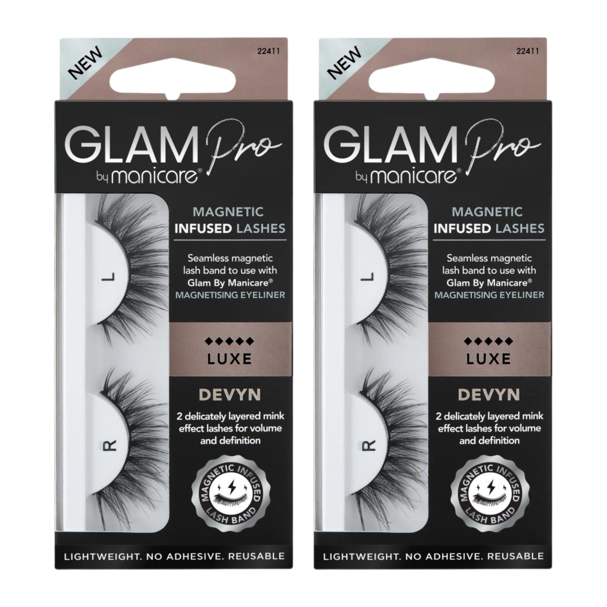 Two packages of Glam Pro by Manicare magnetic lashes on a white background