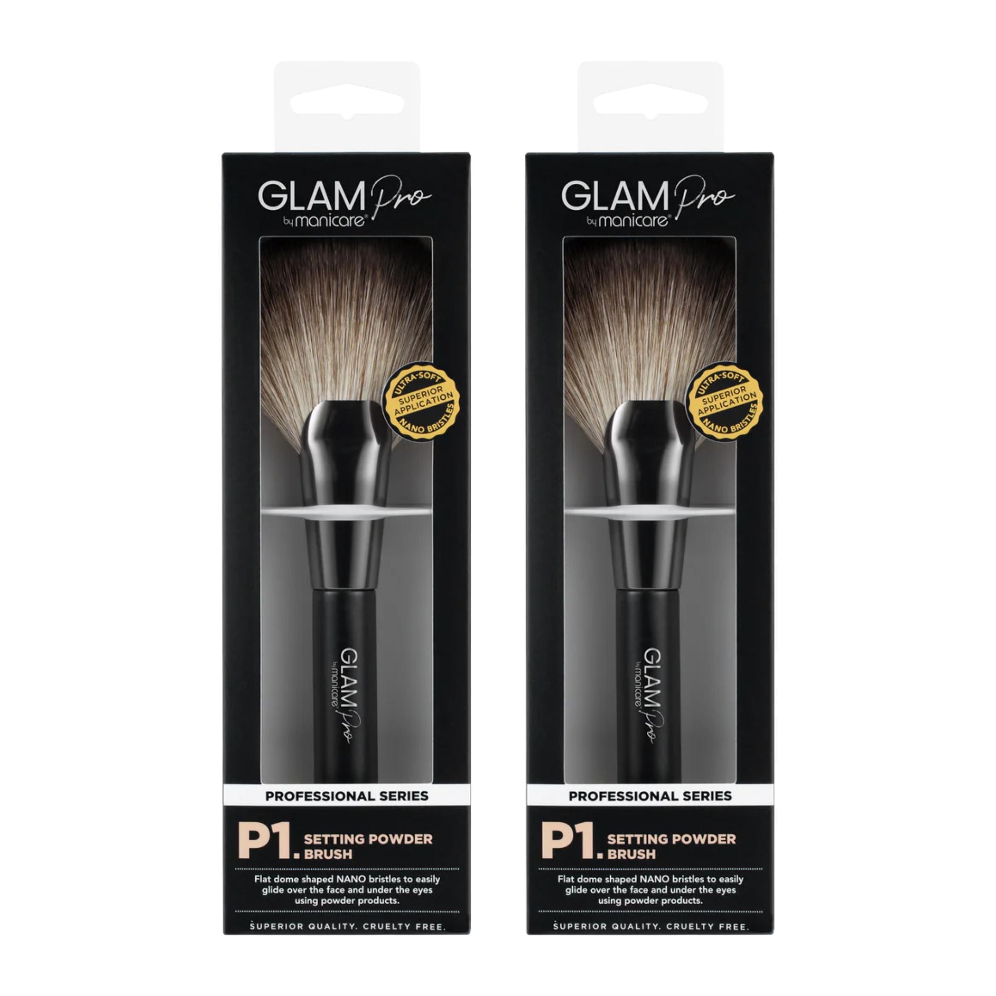 Two Glam Pro makeup brushes in packaging on a white background