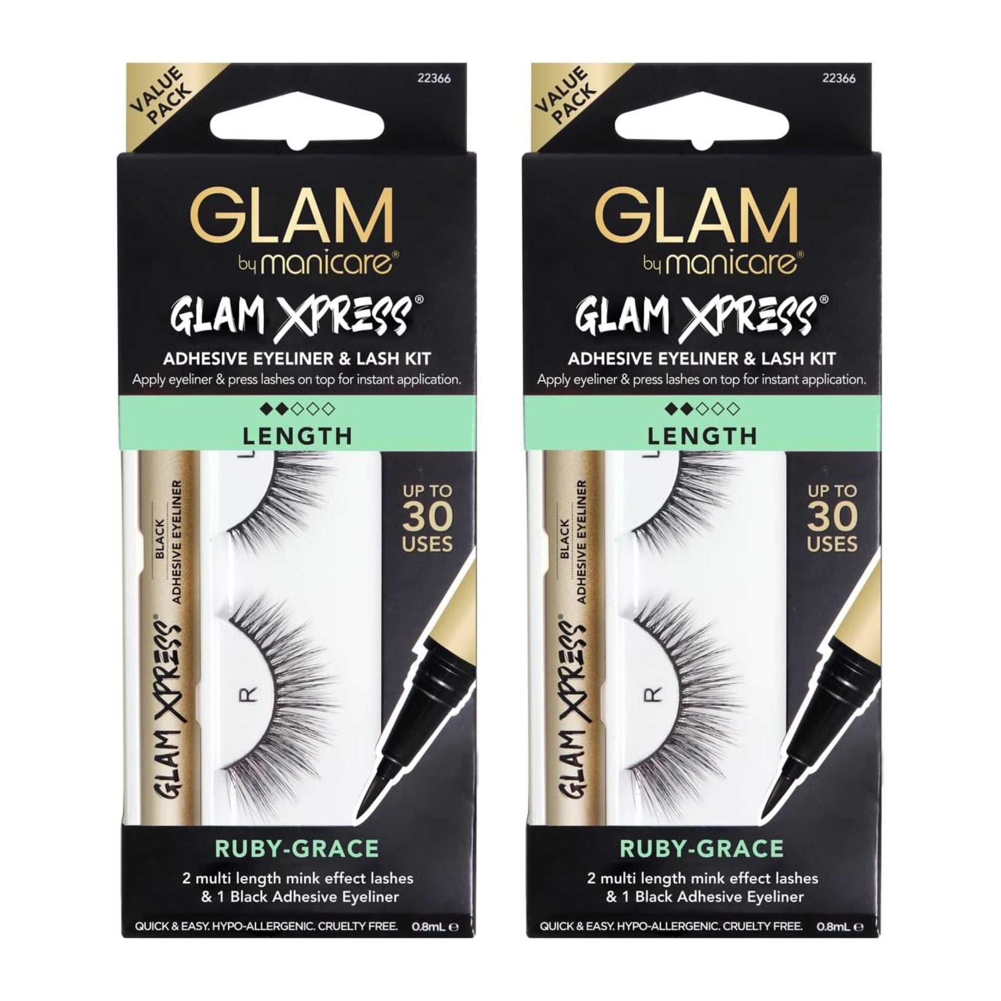 Two packages of Glam by Manicare Glam Xpress adhesive eyeliner and lash kit on a white background.
