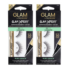 Two packages of Glam by Manicare Glam Xpress adhesive eyeliner and lash kit on a white background.