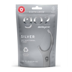 Dentagenie go2 Silver antibacterial floss packaging on a white background