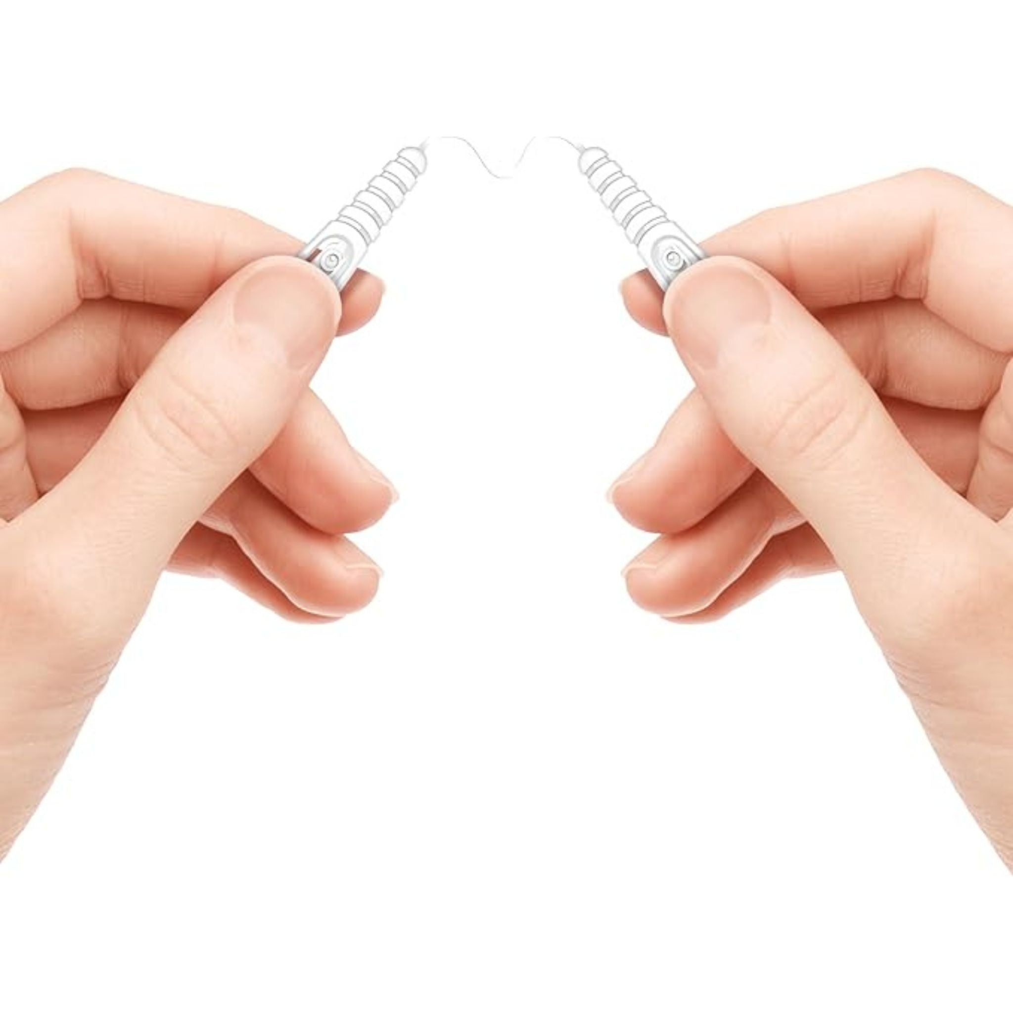 Two hands holding a small white spiral object against a white background