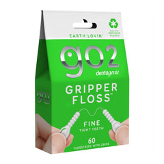Green package of go2 Gripper Floss with branding and product details on a white background