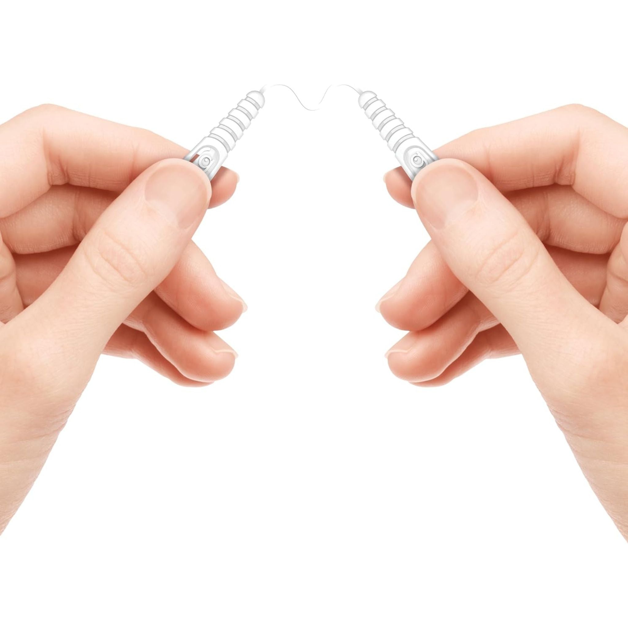 Two hands holding a small white object against a white background