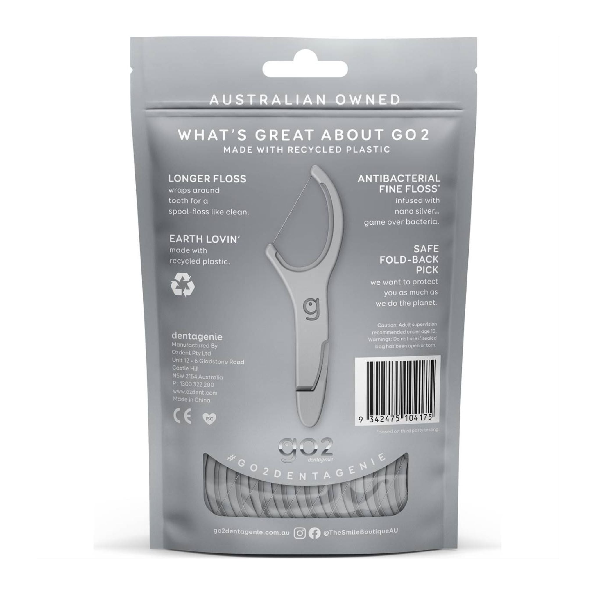 Dentagenie GO2 dental floss packaging with text on a white background