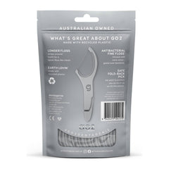 Dentagenie GO2 dental floss packaging with text on a white background
