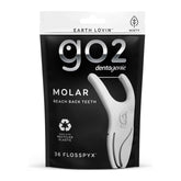 Packaging of go2 dentagenie Flosspyx dental floss with a black background and white text.