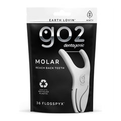 Packaging of go2 dentagenie Flosspyx dental floss with a black background and white text.