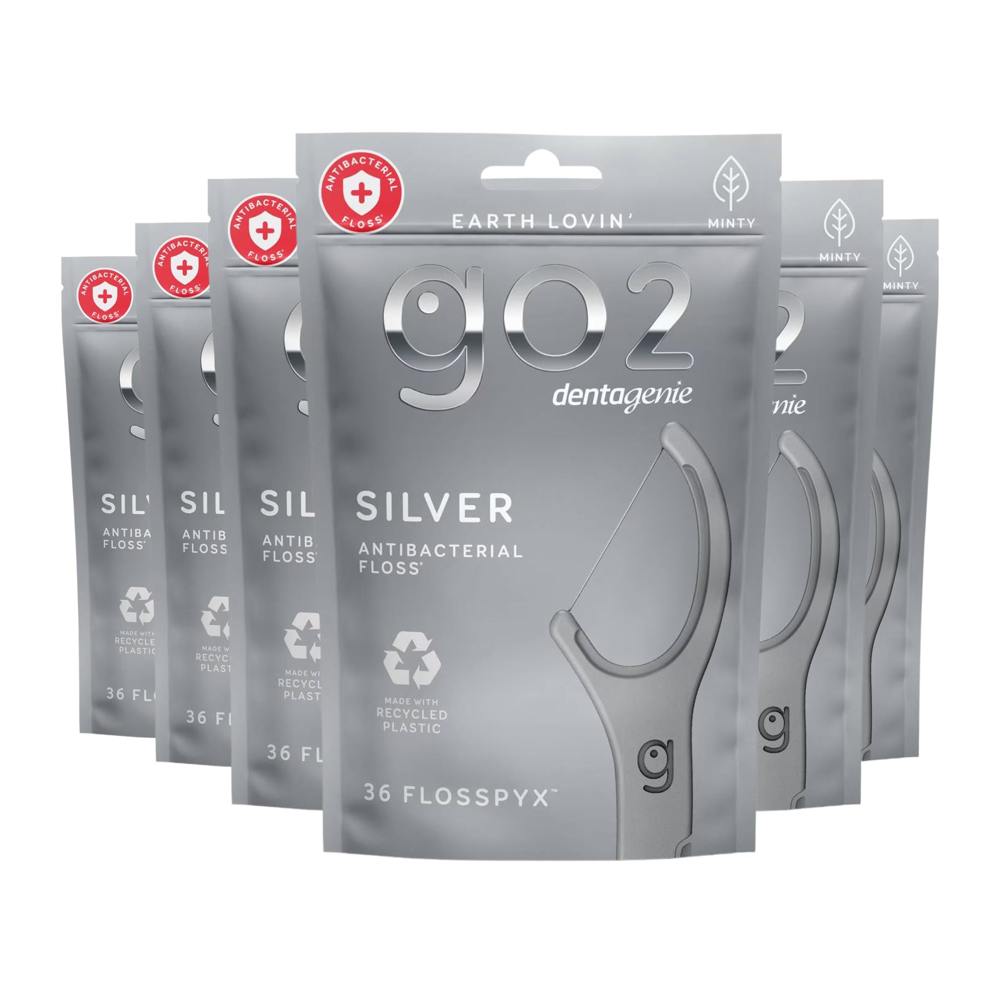 Packaging of Earth Lovin' go2 dentagenie Silver antibacterial floss on a white background