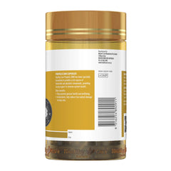 Supplement container with gold and white label on a white background