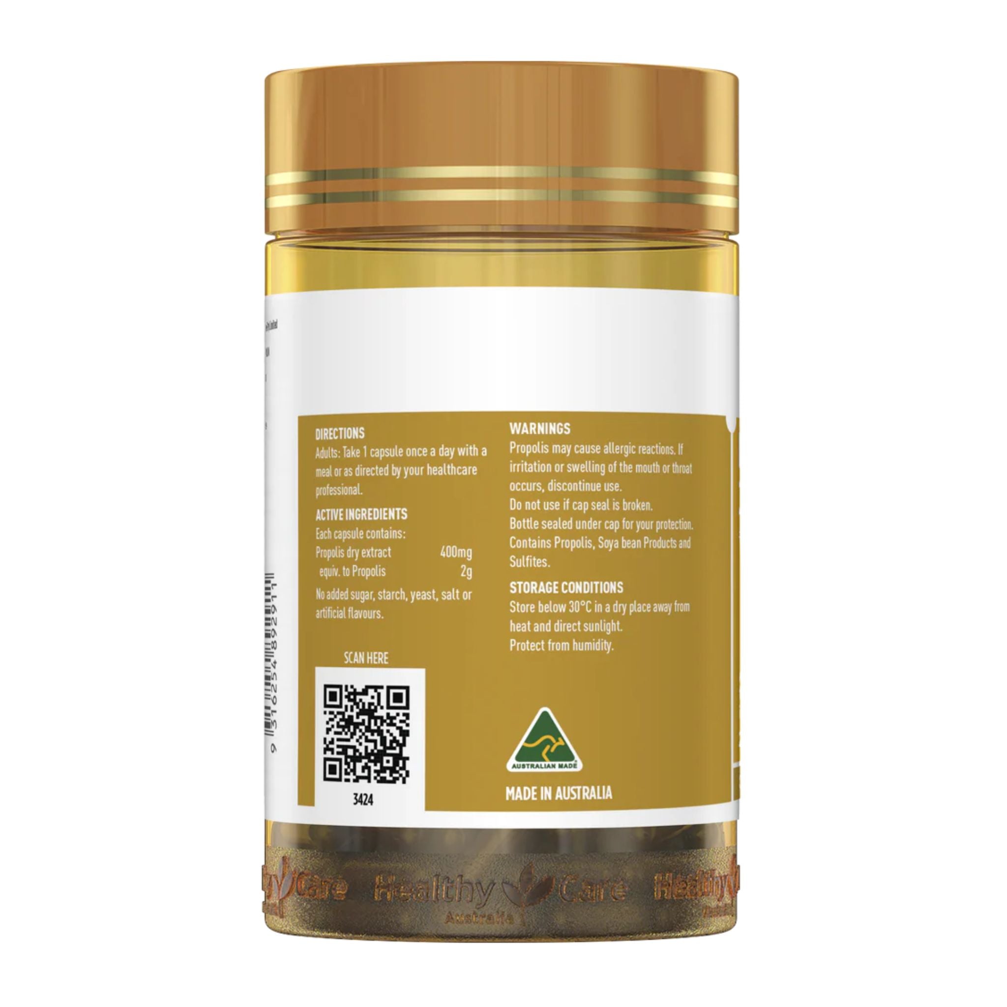 Gold and white supplement container with text and a QR code on a white background