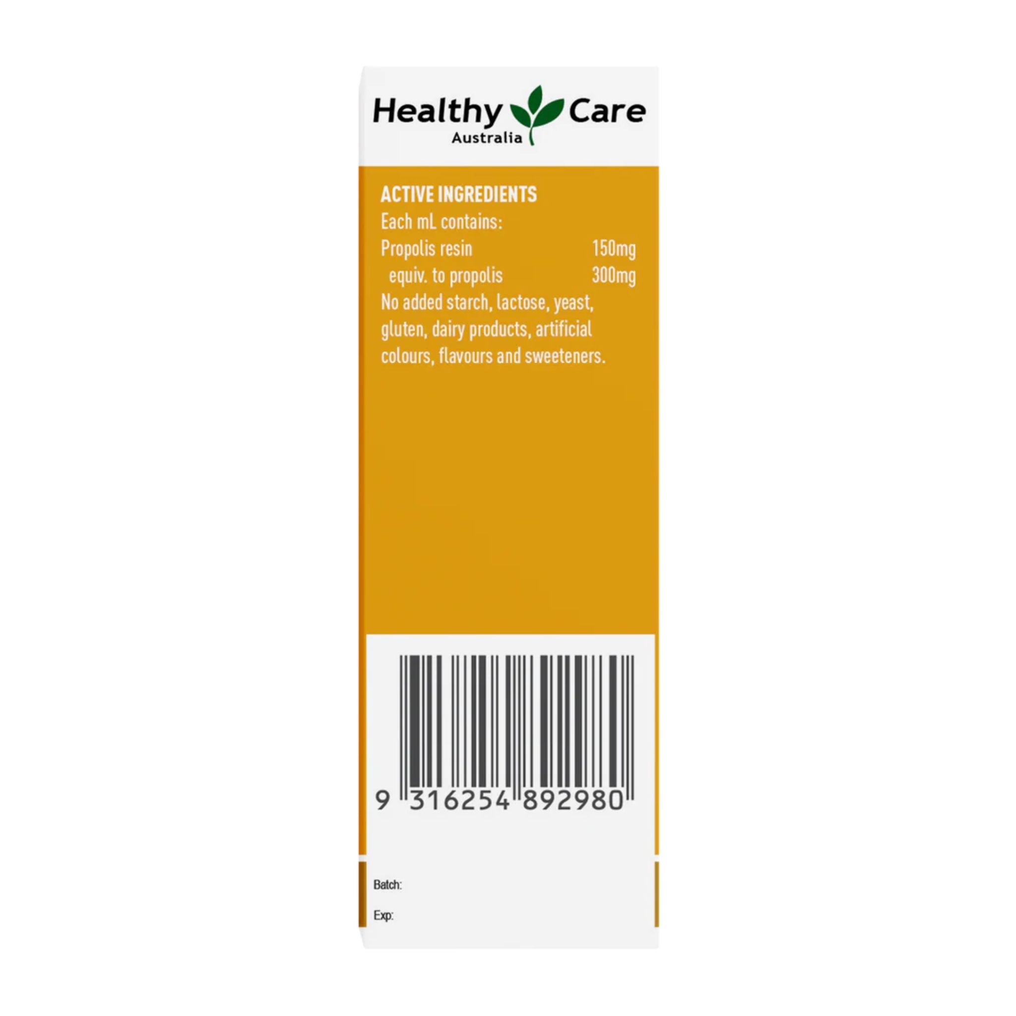Healthy Care supplement bottle label with active ingredients and barcode on a white background