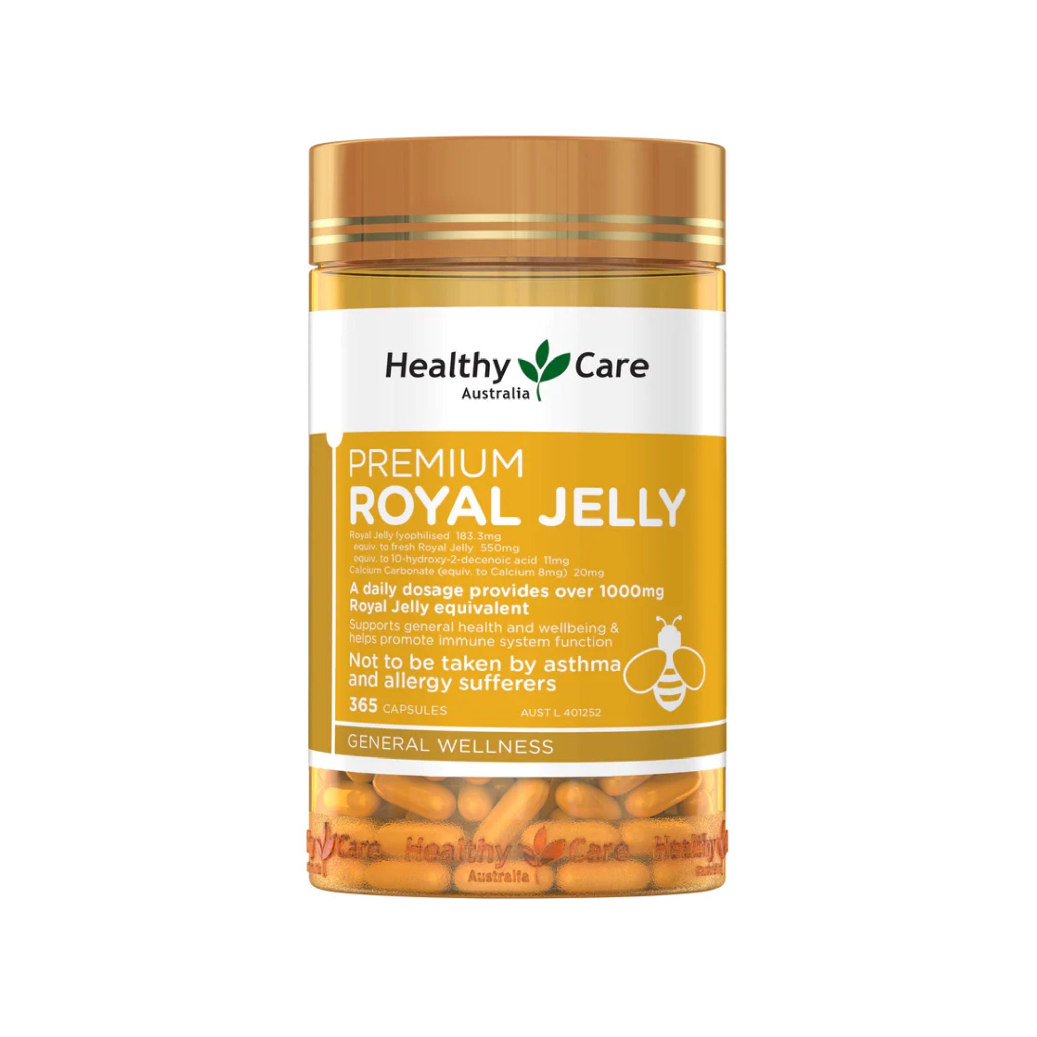 Front view of Healthy Care Royal Jelly 1000mg 365 Capsules bottle