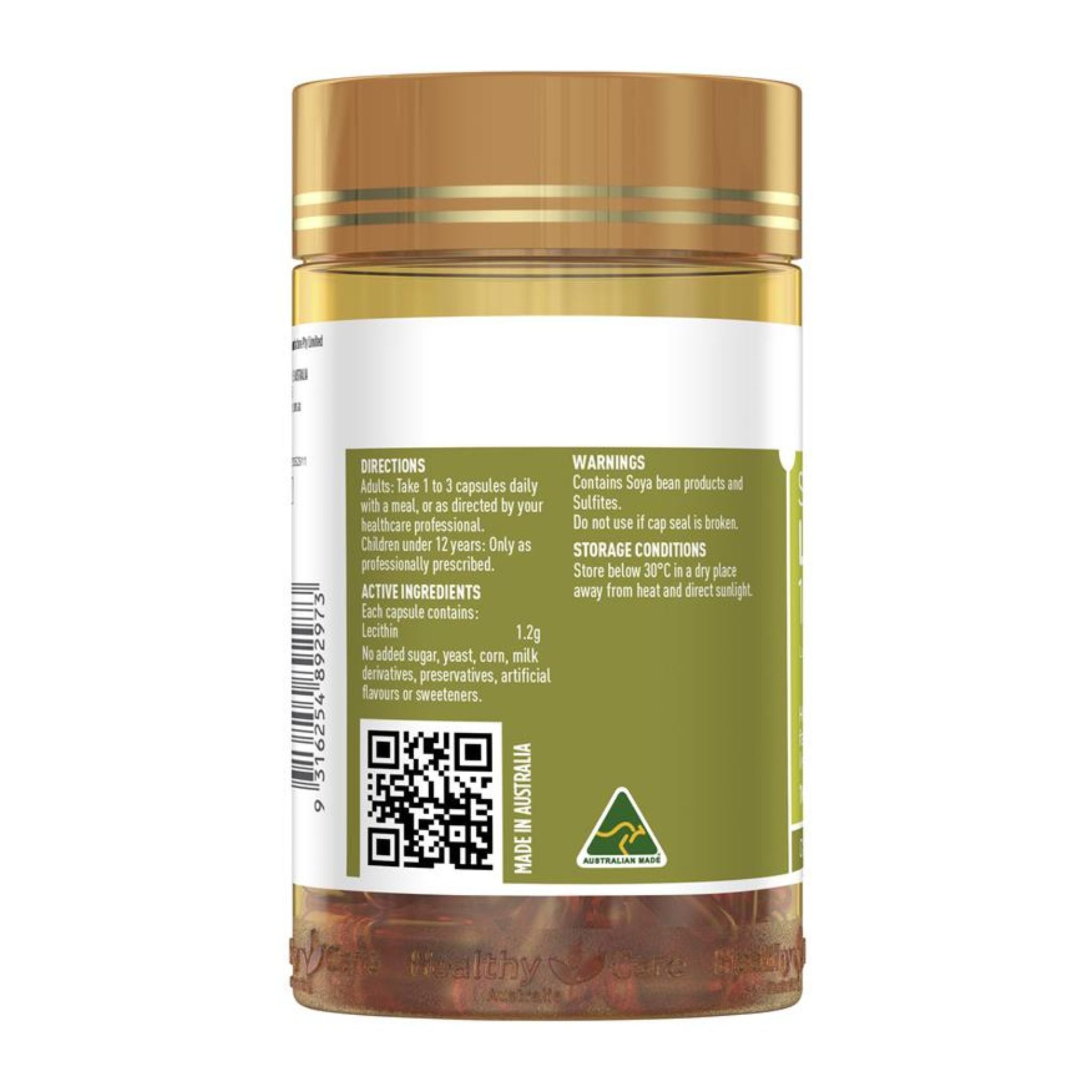 Supplement facts of Healthy Care Super Lecithin 1200mg 100 Capsules