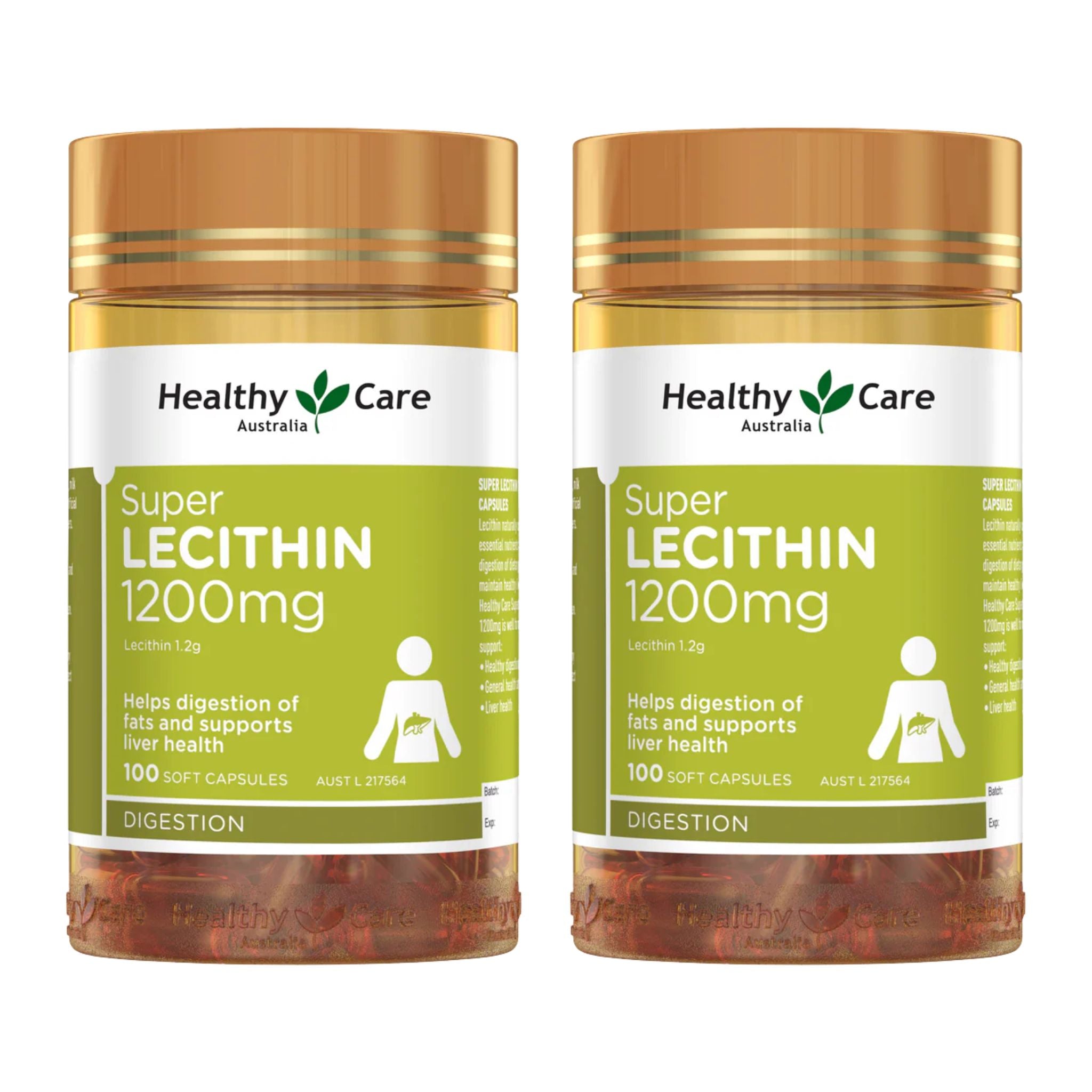 Two bottles of Healthy Care Super Lecithin 1200mg on a white background