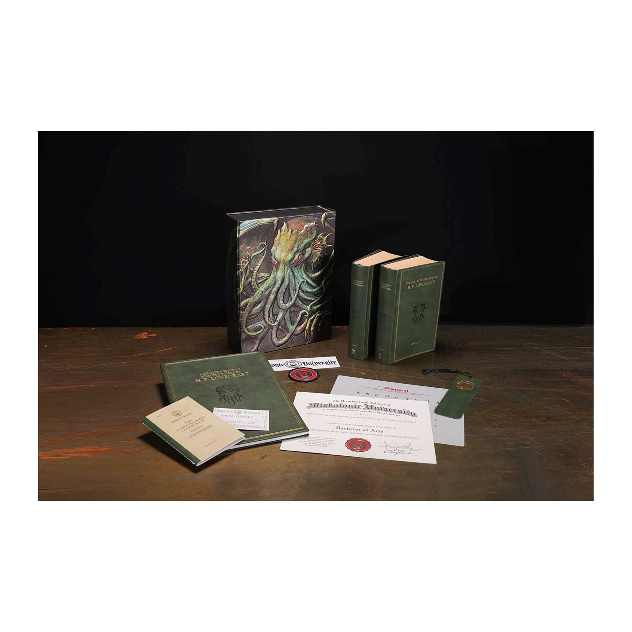 The H. P. Lovecraft Experience deluxe box set with books and collectible contents displayed